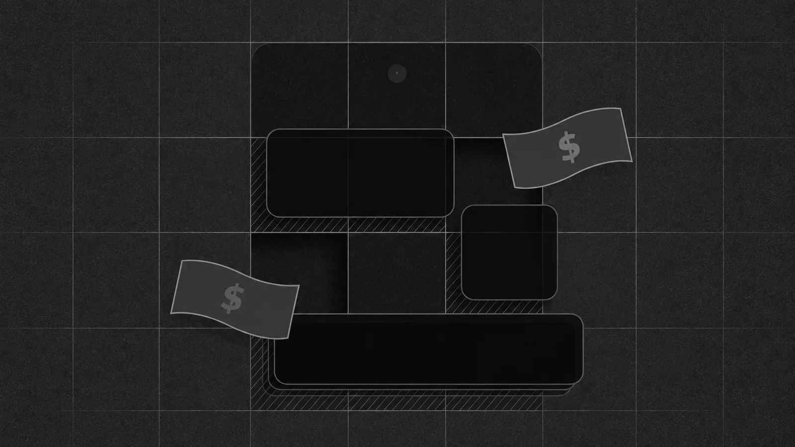 Dark blocks on a grid with two banknotes drifting past, the cost and value of automation