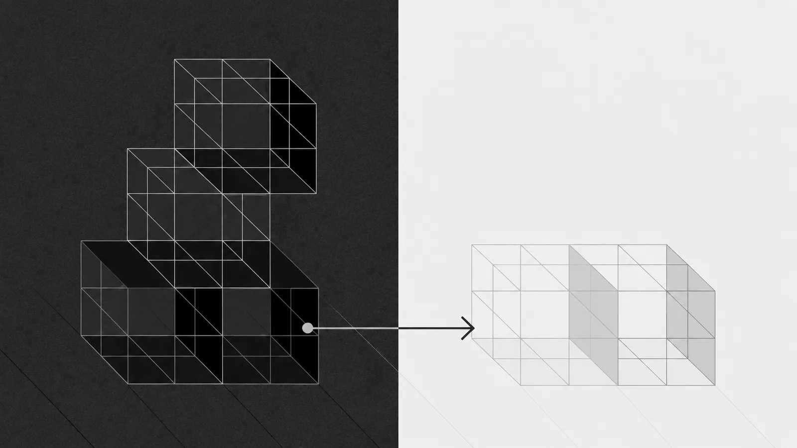 An isometric wireframe stack of blocks resolving into a simpler arrangement